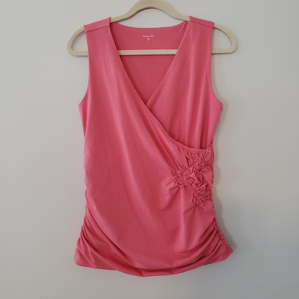 Garnet Hill Faux Wrap Romantic Classic Top MEDIUM Soft Girl Ruching Flowers Pink